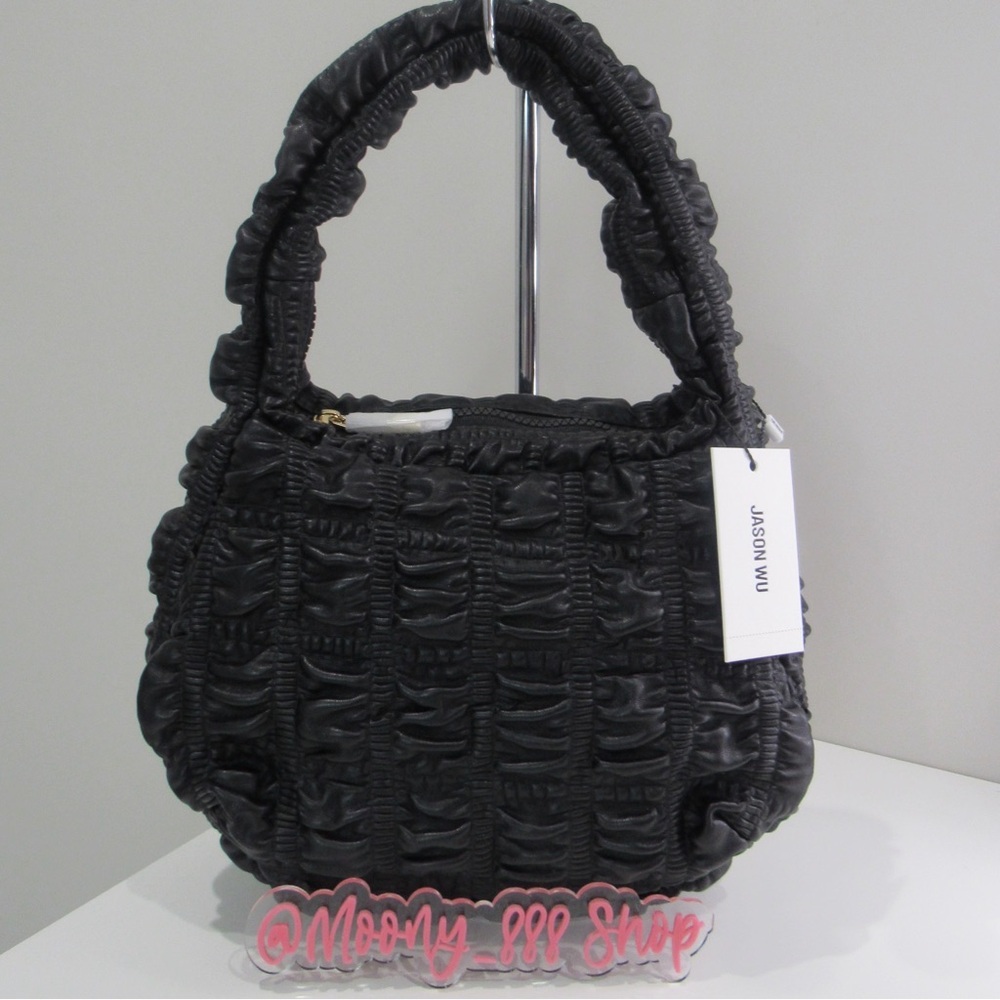 JASON WU Fay Bubbled Small Baguette Top Handle Handbag in Black Vegan Leather